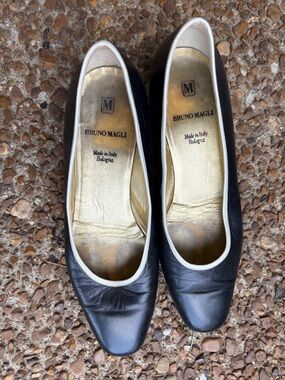 Bruno Magli Black Leather Ballet Flats with White Trim Piping